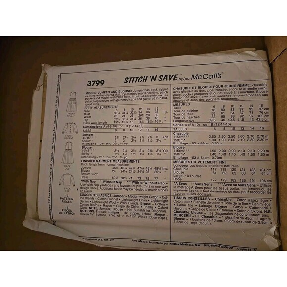 Vtg STITCH 'N SAVE Jumper Dress Button Blouse Long Sleeve 3799B Sz 12-16 Pattern - Picture 3 of 3